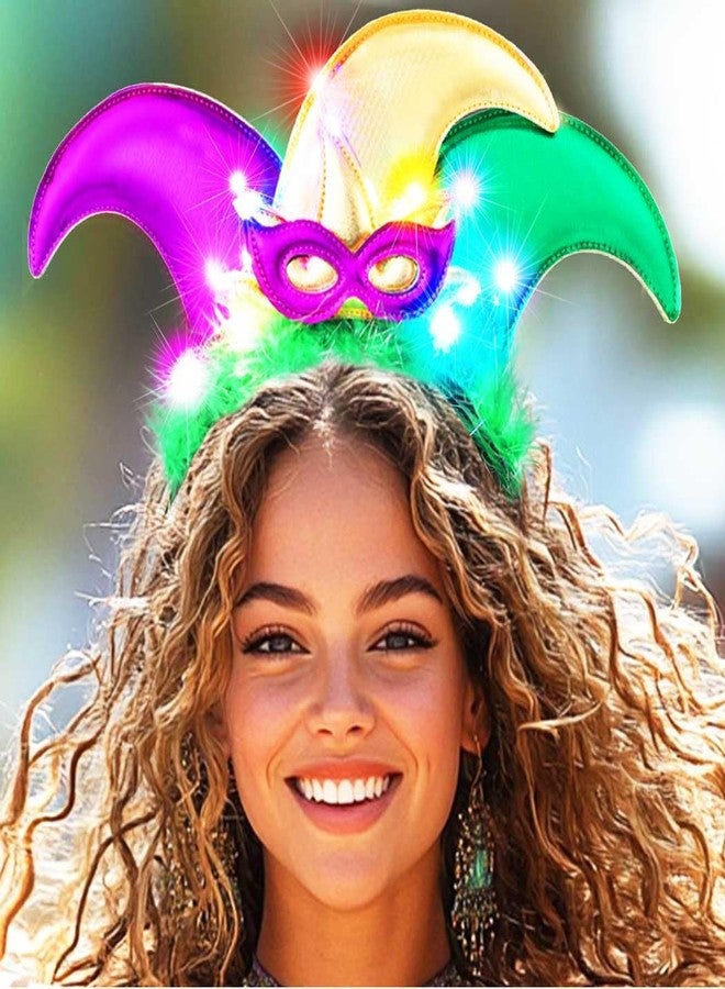 GORTIN Mardi Gras Jester Hat Headband Light Up Carnival Headpiece Purple Green and Gold Costume Hair Accessories for Women - Image 5